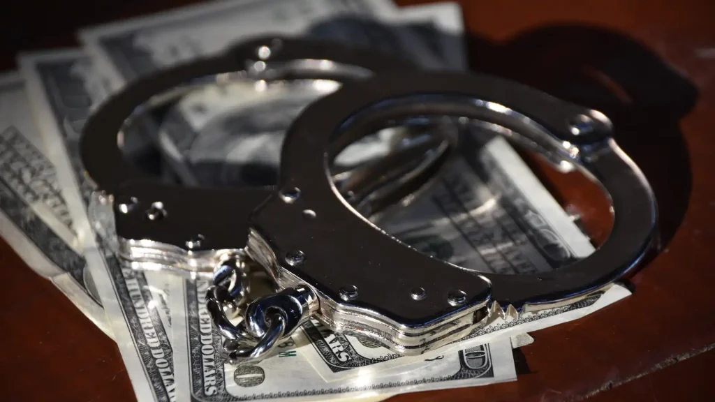 Handcuffs placed on top of U.S. dollar bills